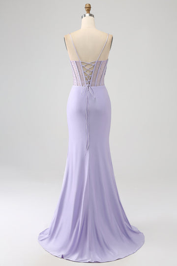 Glitter Lilla Corsetto Sirena Abito Lungo Ballo con Fessura